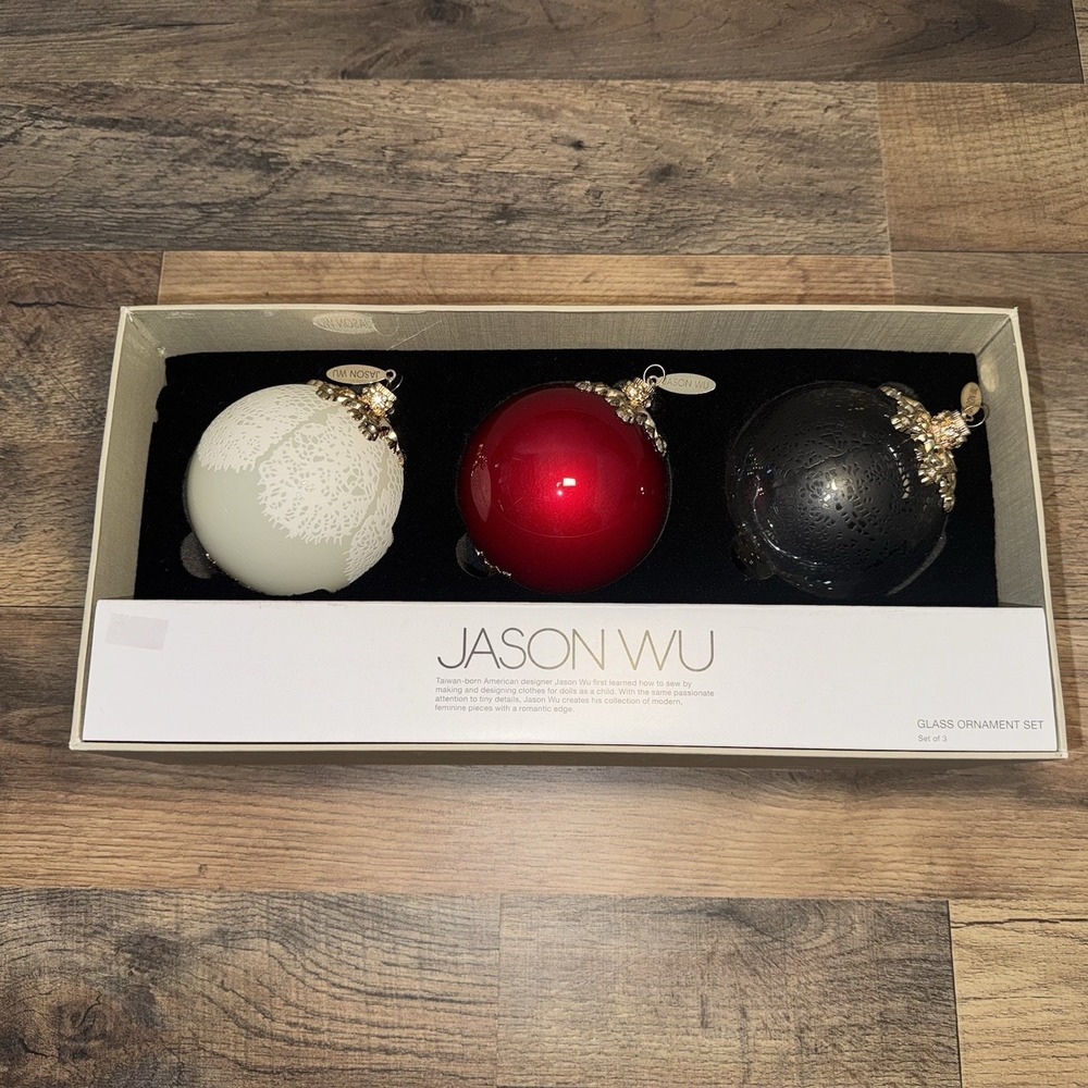 Jason Wu Glass Christmas ornaments Set of 3 Lace Red, White, Black w/ Gold